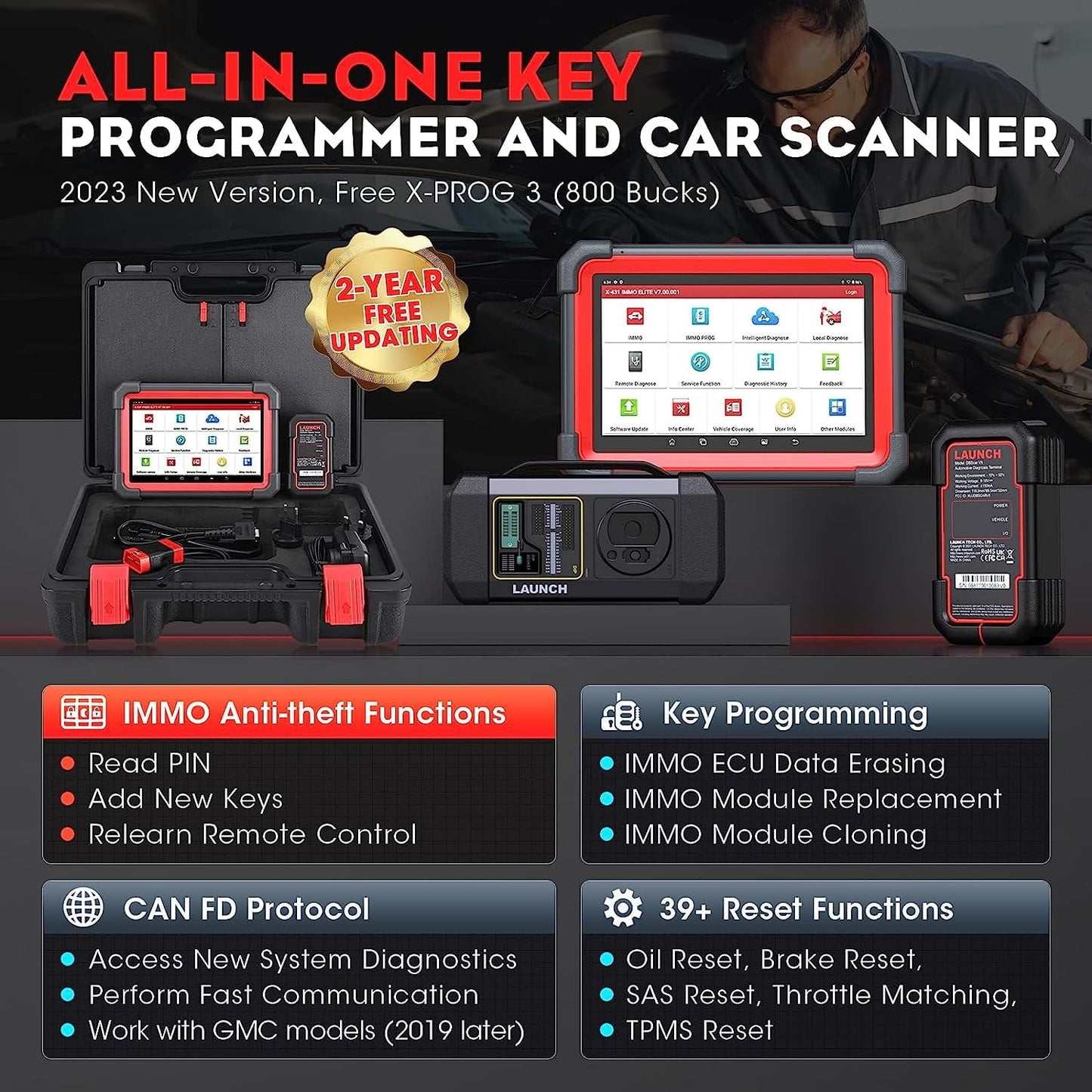 Classic LAUNCH X431 IMMO Elite Key Programming Car Diagnostic Scan Tool with X-PROG3 Key Programmer, ECU Clone/match, CANFD&DOIP, 39+ Services  2 Years Free Update