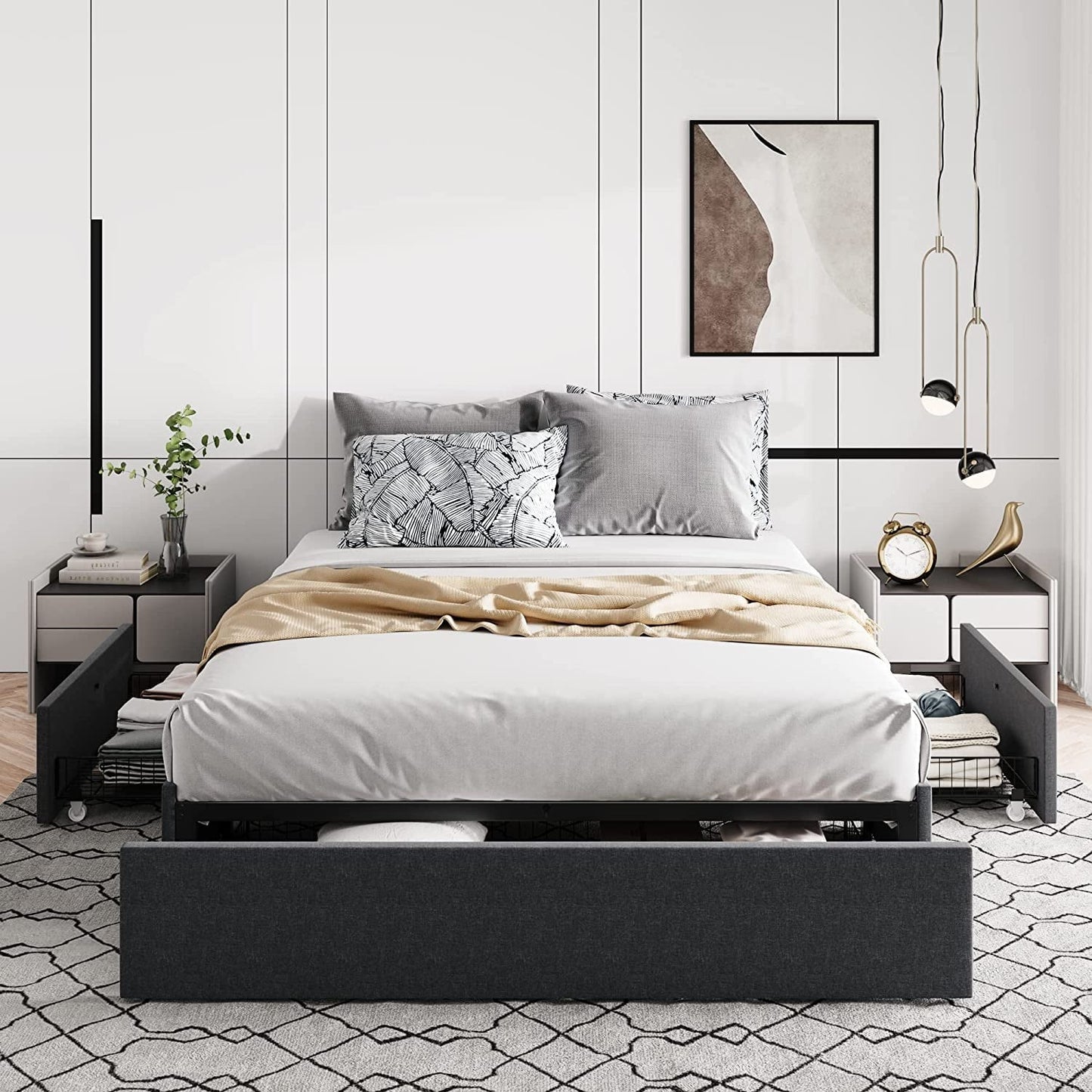 Classic Allewie Queen Size Platform Bed Frame with 3 Storage Drawers, Fabric Upholstered, Dark Grey