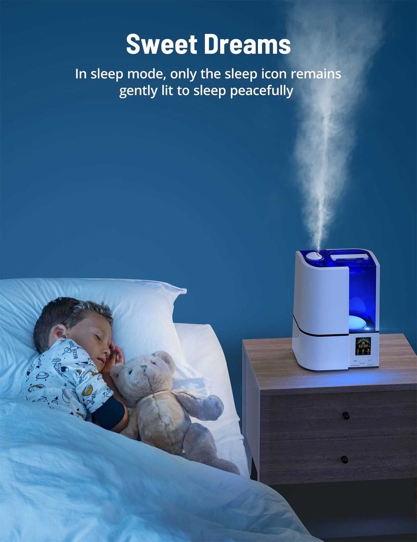 Classic Humidifiers, 4L Cool Mist Ultrasonic Humidifier for Bedroom Home Large Room, LED Display With Humidistat, Waterless Auto Shut-Off Blue (1.06 Gallon, US 110V), White