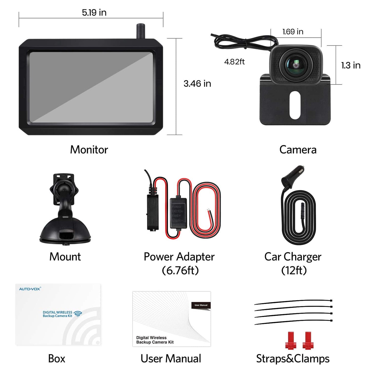 Classic Auto-Vox Backup Camera Wireless 5'' Monitor Kit, Waterproof Rear View Camera Reversing Parking System for Trucks, SUV, and Universal Cars