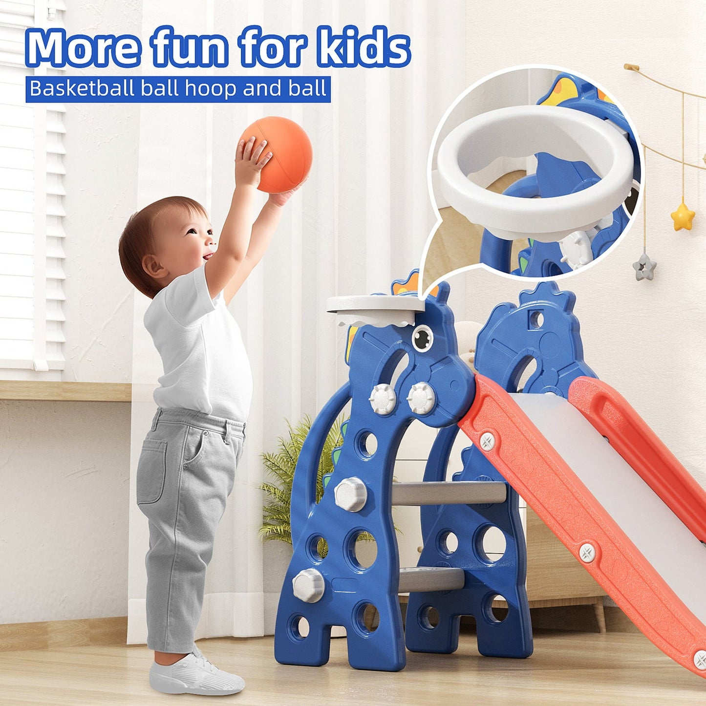 Classic 3 in 1 Slide for Kids, Toddler Slide Climber Set for Indoor Outdoor, Freestanding Game Slide with Extra Long Slipping Slope, Basketball Hoop and Ball for Boys & Girls (Blue)