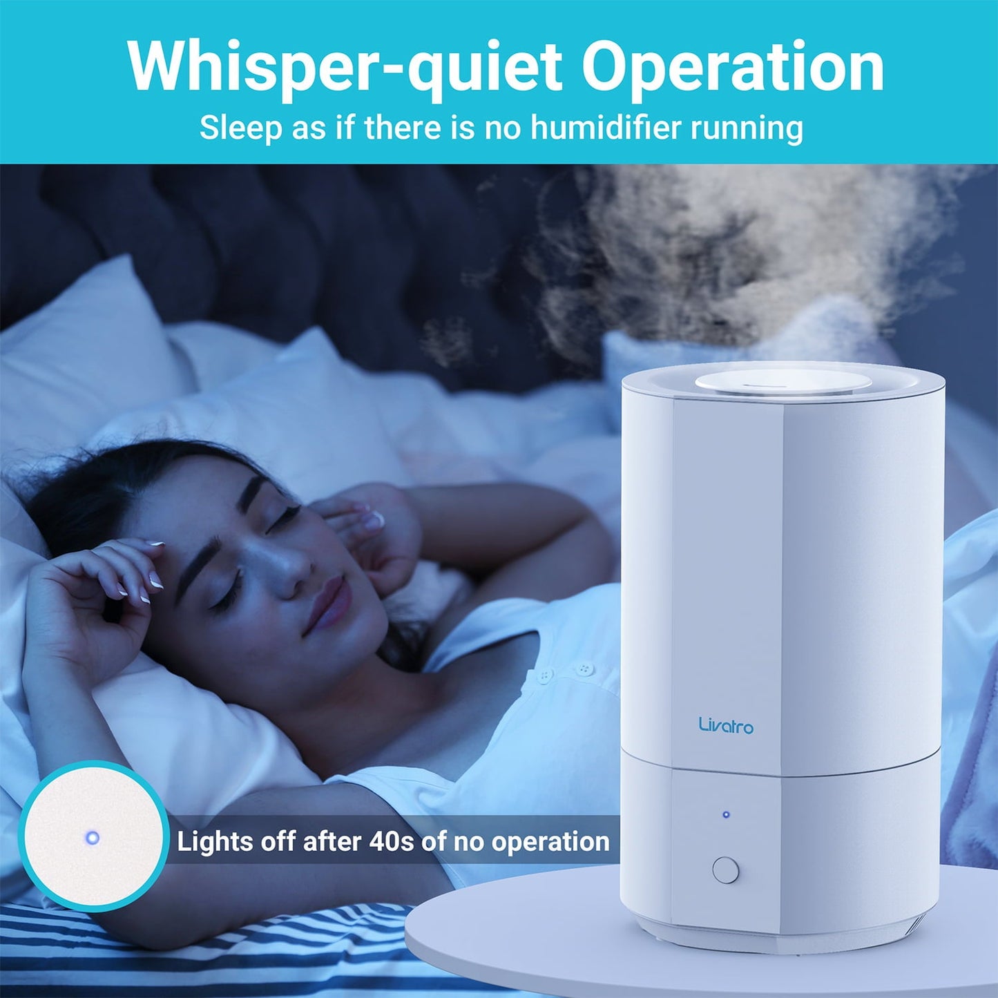 Versatile Livatro 4L Top Fill Humidifiers for Bedroom Large Room Nursery, Cool Mist Humidifier With Ultrasonic Quiet, Auto Shut-off and Easy to Clean, Last up to 40 Hours, White