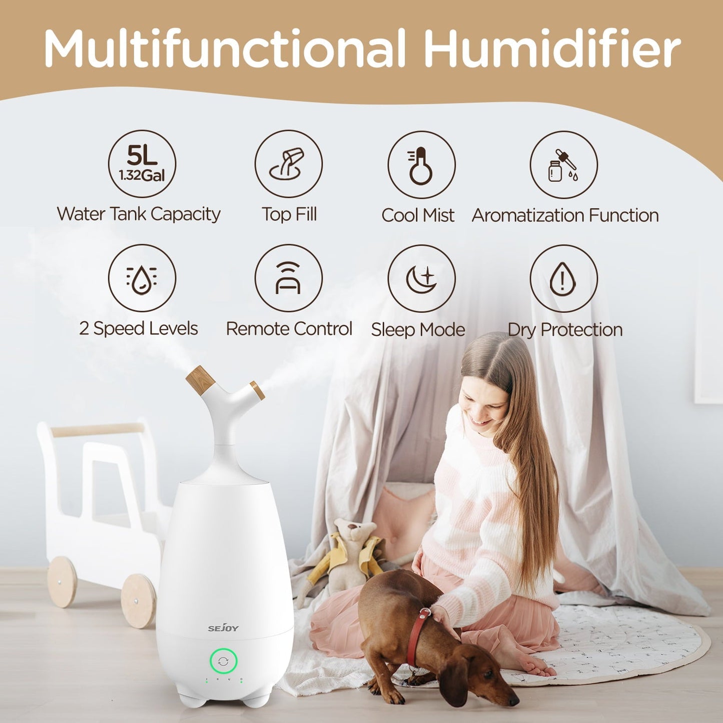 Versatile Sejoy Ultrasonic Humidifier for Home, Baby, 5L Large Capacity, Cool Mist, Remote Control, Auto Shut-off, White