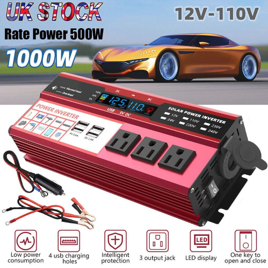 Classic 1000W Power Inverter Car Converter Adapter, 500W DC 12V to AC 110V Pure Sine Wave Solar Converter