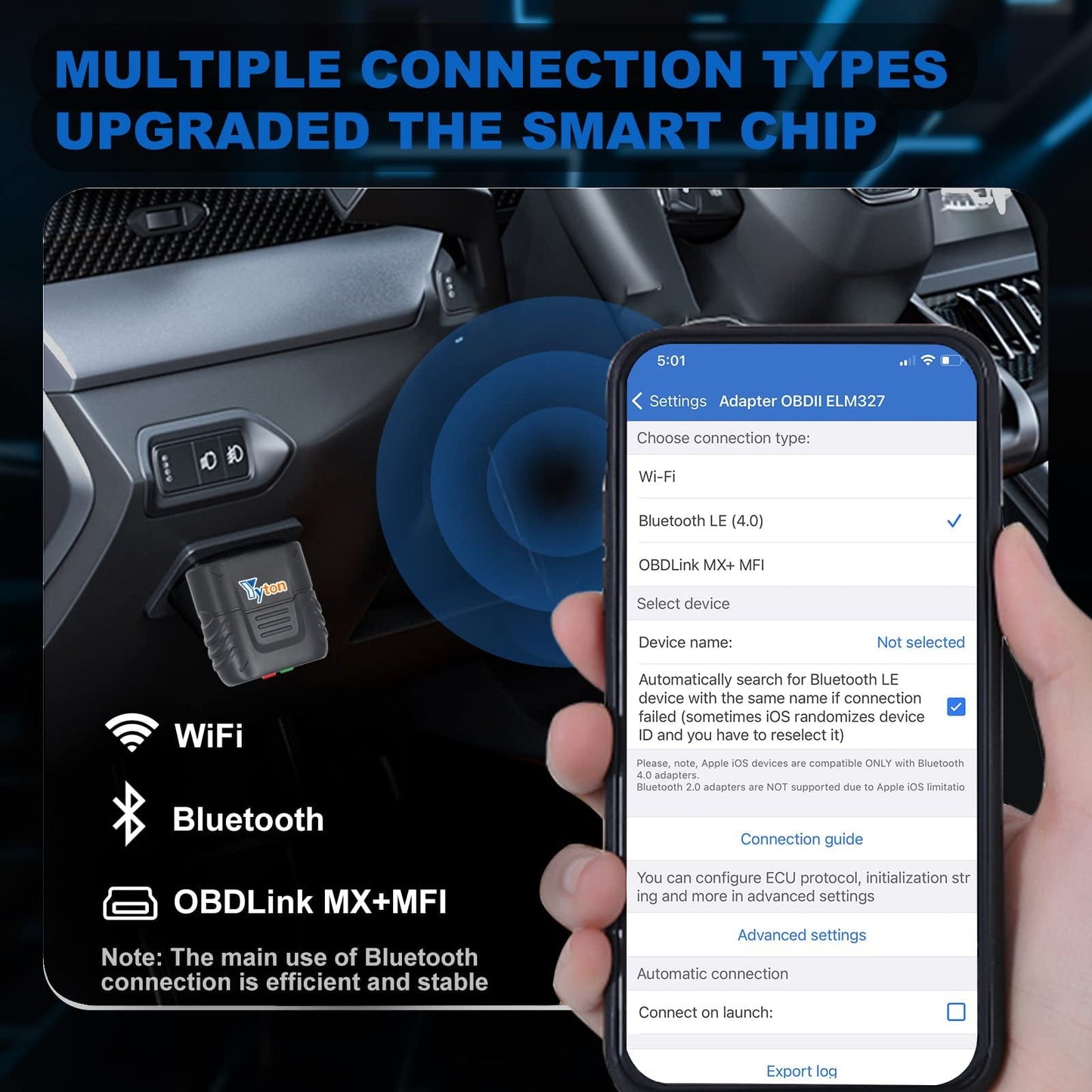 Classic OBD2 Scanner Bluetooth, Yyton Car Code Reader for iPhone/Android/Windows, Car Diagnostic Scan Tool Check Engine Light, Car Scanner with Read Code&Emissions Test&Live Sensor Data