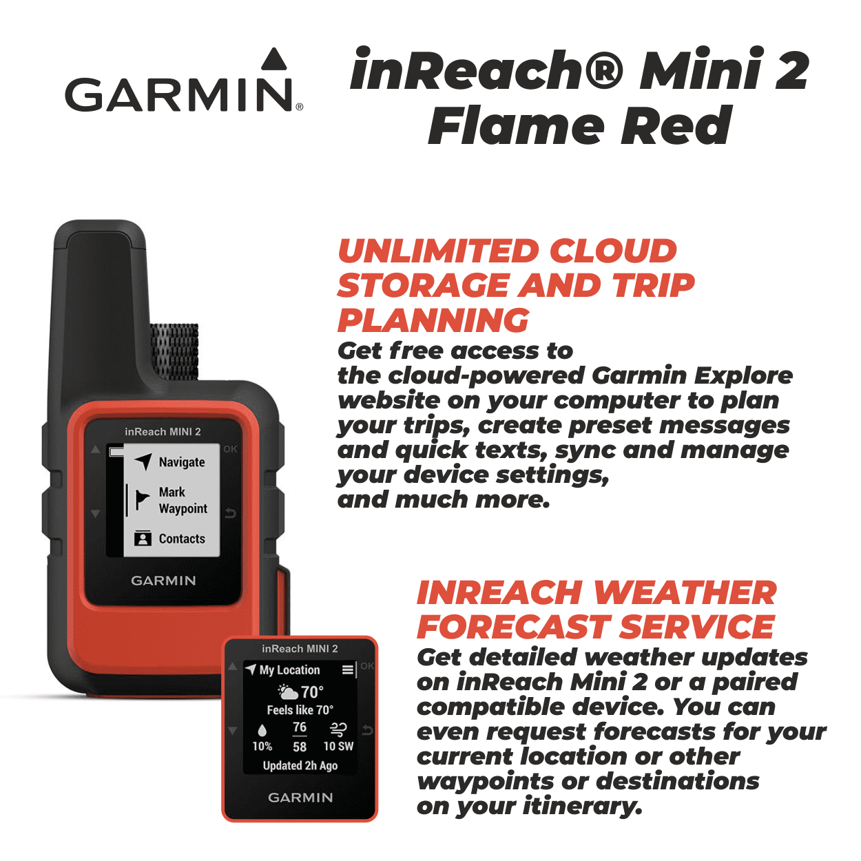 Versatile Garmin inReach Mini 2 Satellite Communicator (Flame Red), Hand-Held, Unisex Adult with Wearable4U Power Pack Bundle