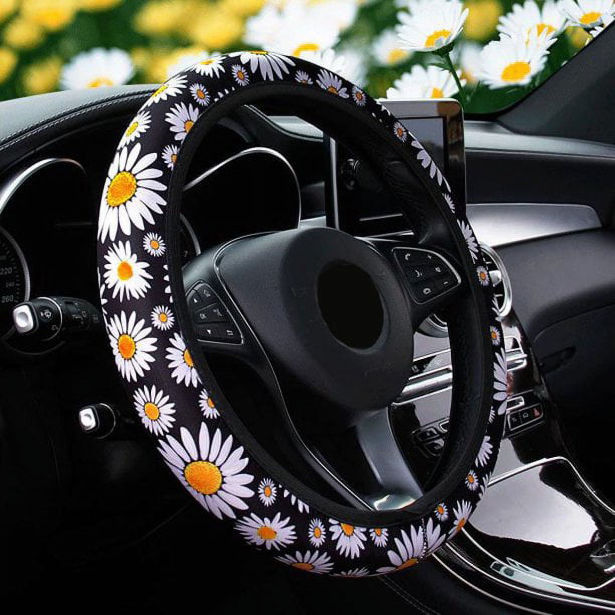 Classic Doingart Universal Steering Wheel Cover - Auto Car Daisy Sunflower Steering Wheel Cover Non-slip and Sweat Absorption Steering Wheel Cover Universal 14.5 to 15.25 inches