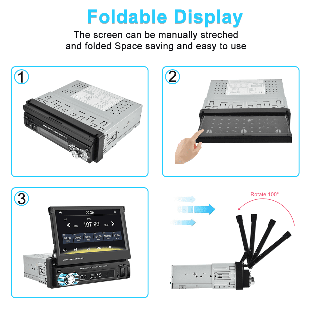 Classic Podofo Universal Single 1 DIN 7" HD Touchscreen Retractable Car Stereo Radio Bluetooth Auto Apple Carplay Android Auto FM Mirror Link Function, with 12 LED Backup Camera