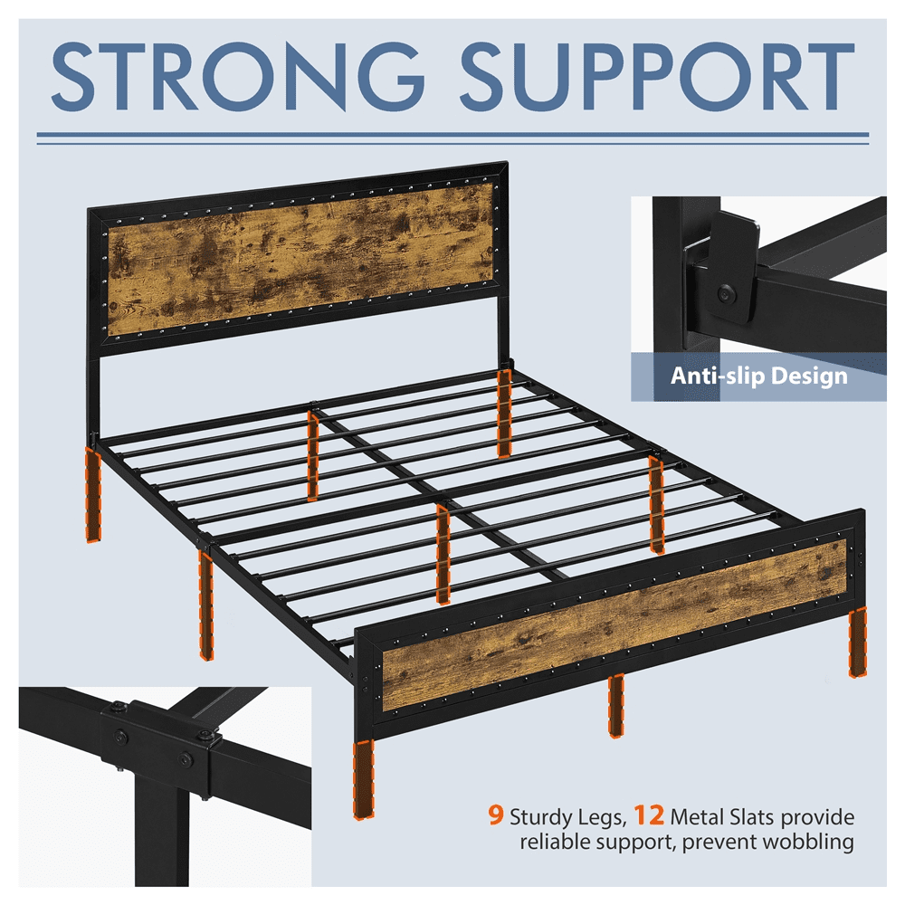 Versatile Topeakmart Industrial Metal Bed Frame with Wooden Headboard and Footboard, Queen Size, Rustic Brown