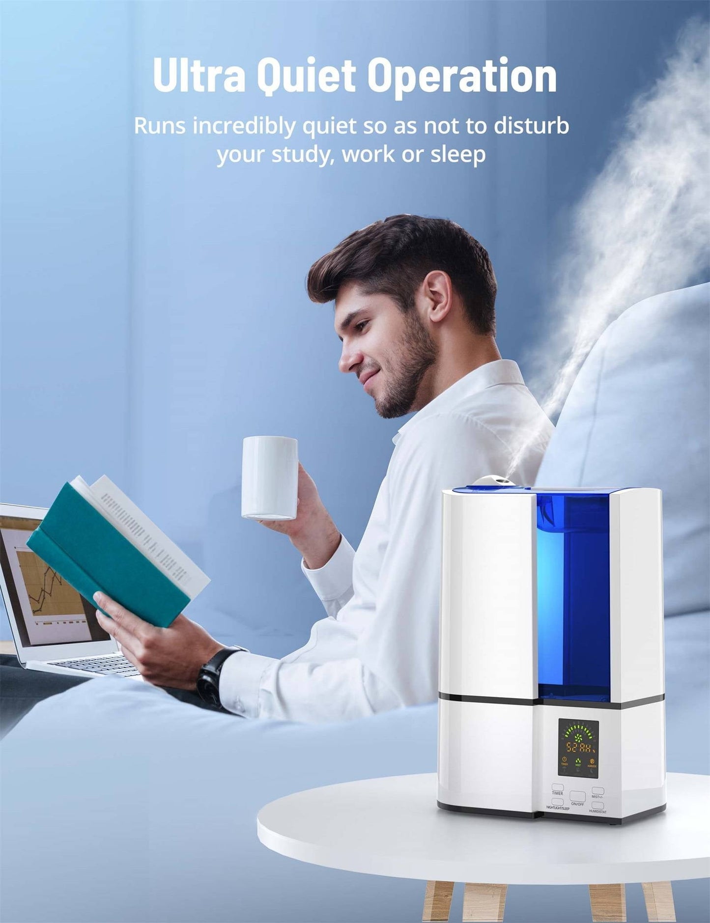 Classic Humidifiers, 4L Cool Mist Ultrasonic Humidifier for Bedroom Home Large Room, LED Display With Humidistat, Waterless Auto Shut-Off Blue (1.06 Gallon, US 110V), White