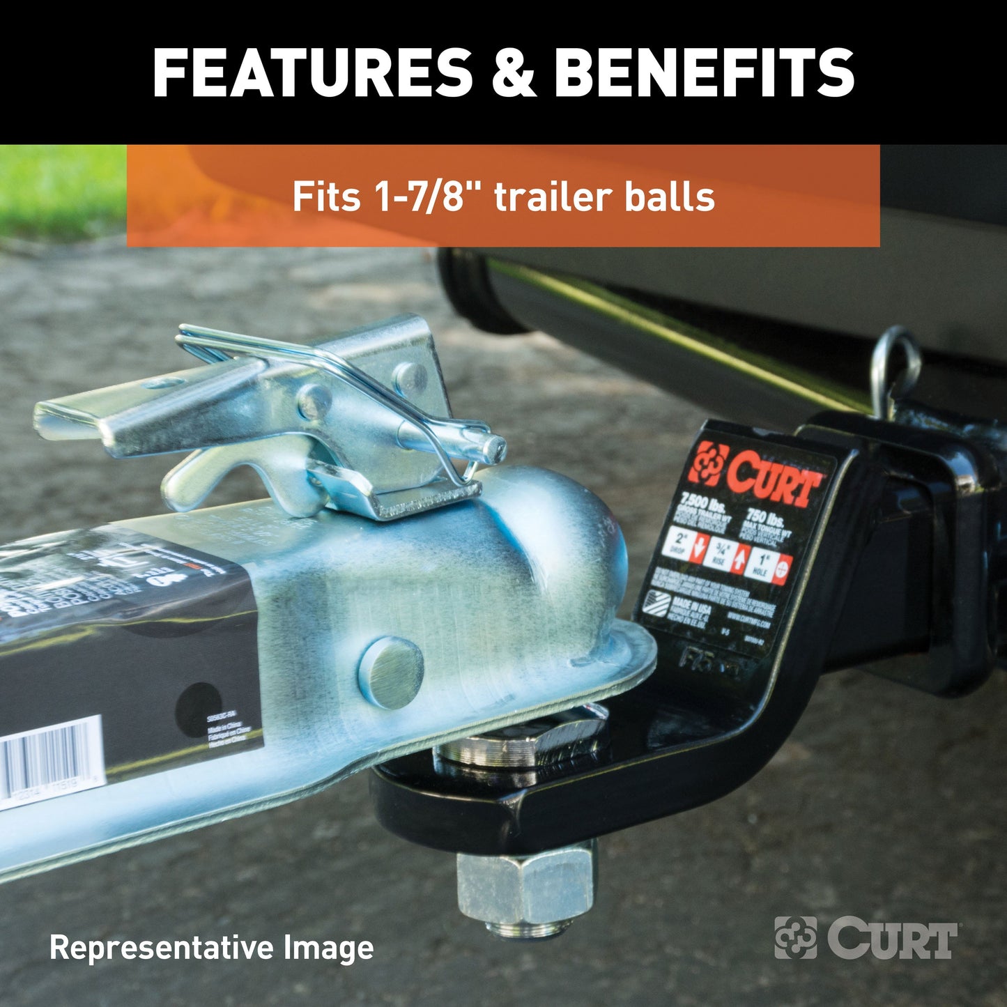 Versatile CURT 25128 Straight Tongue Trailer Coupler for 2-Inch Channel, 1-7/8-In Hitch Ball, 2,000 lbs