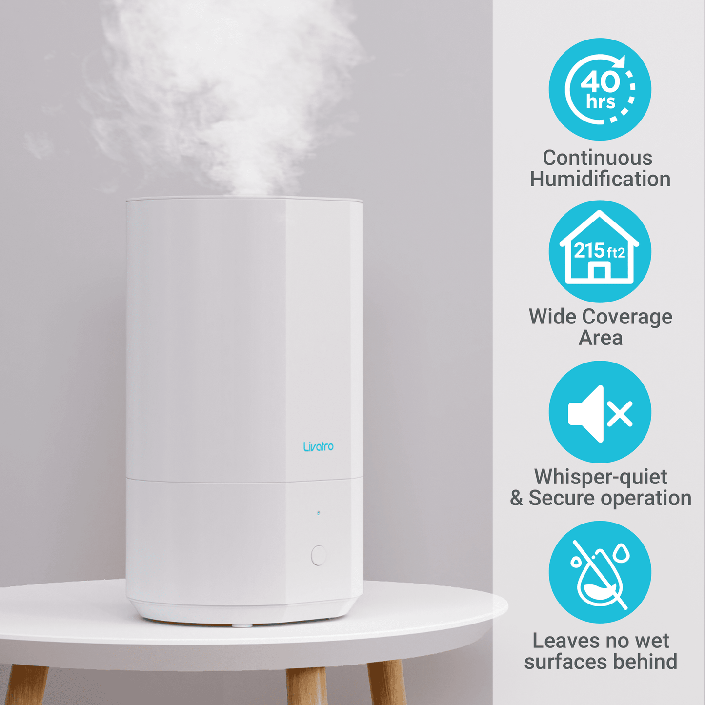 Versatile Livatro 4L Top Fill Humidifiers for Bedroom Large Room Nursery, Cool Mist Humidifier With Ultrasonic Quiet, Auto Shut-off and Easy to Clean, Last up to 40 Hours, White