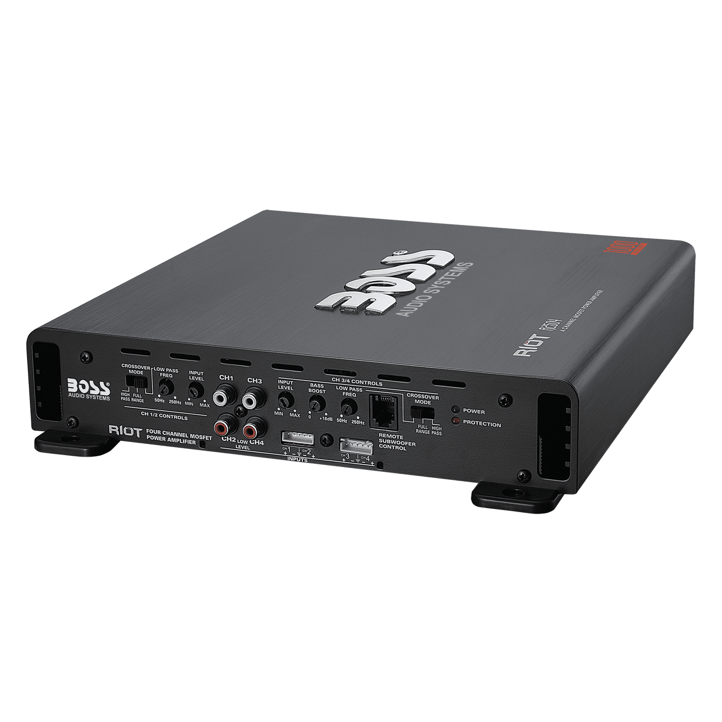 Versatile BOSS Audio Systems R2504 Riot Series Car Audio Amplifier - 1000 High Output, 4 Channel, Class A/B, 2/4 Ohm, High/Low Level Inputs, High/Low Pass Crossover, Bridgeable, Full Range