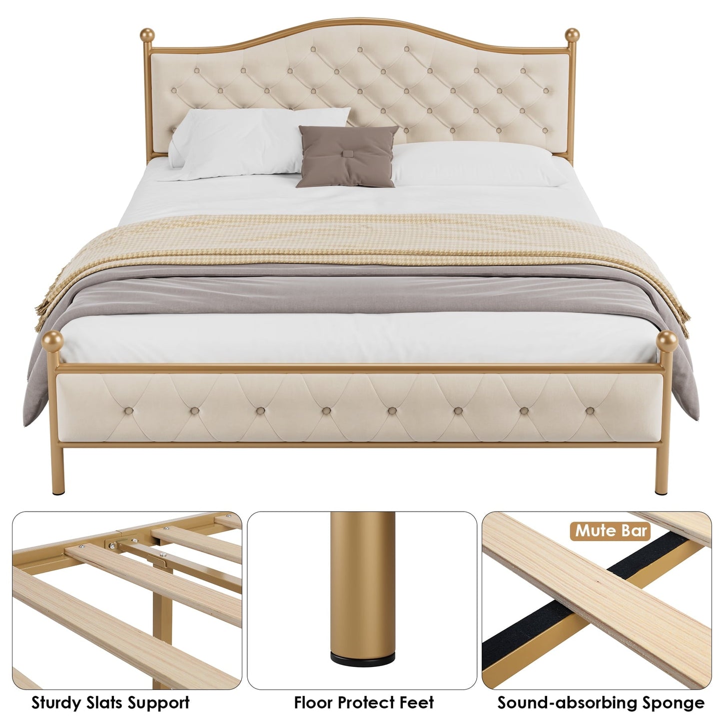 Versatile Homfa King Size Bed Frame, Metal Tubular Platform Bed with Button Tufted Upholstered Headboard, No Box Spring Needed, Beige