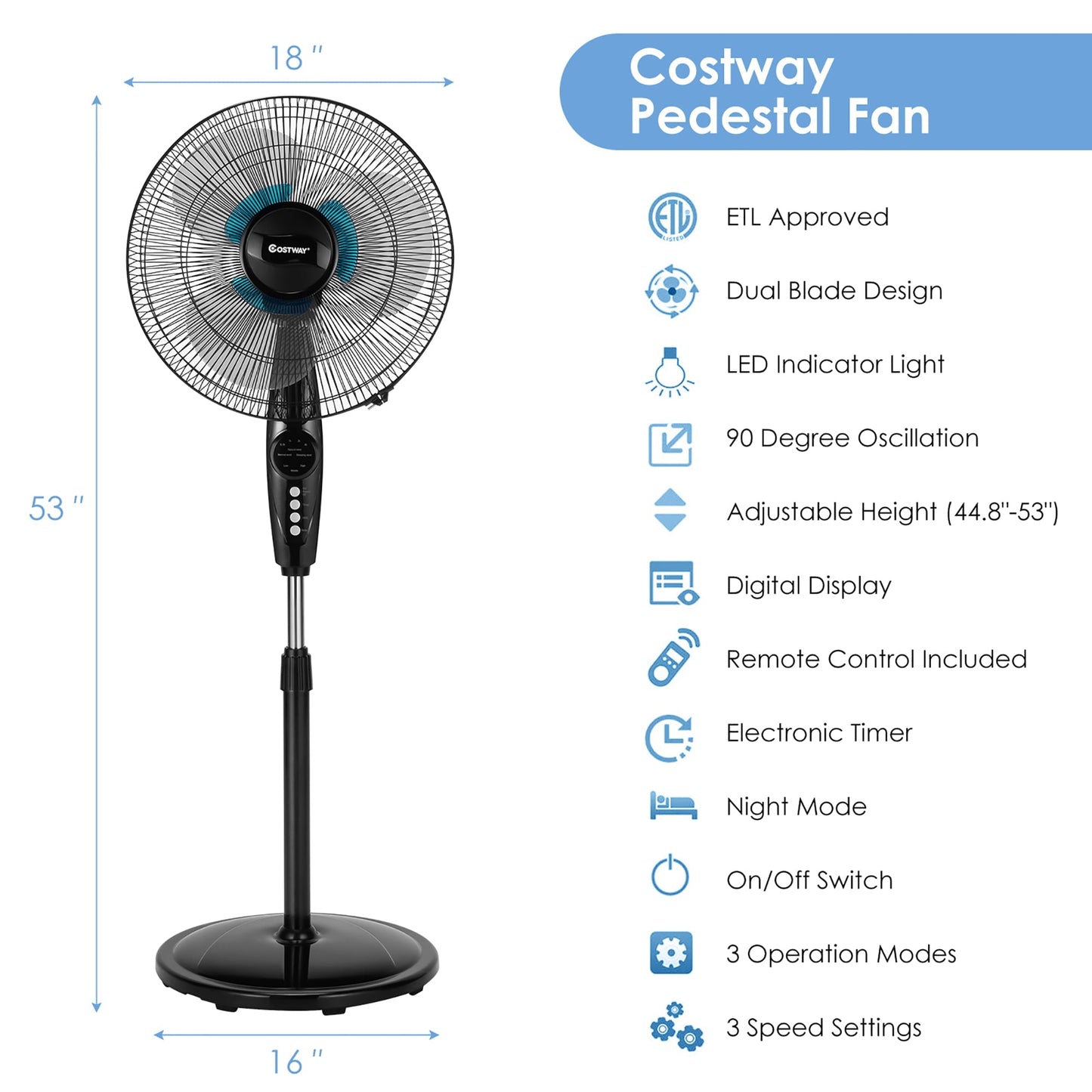 Classic Costway 16'' Adjustable Oscillating Pedestal Fan Dual Blades w/Remote Control