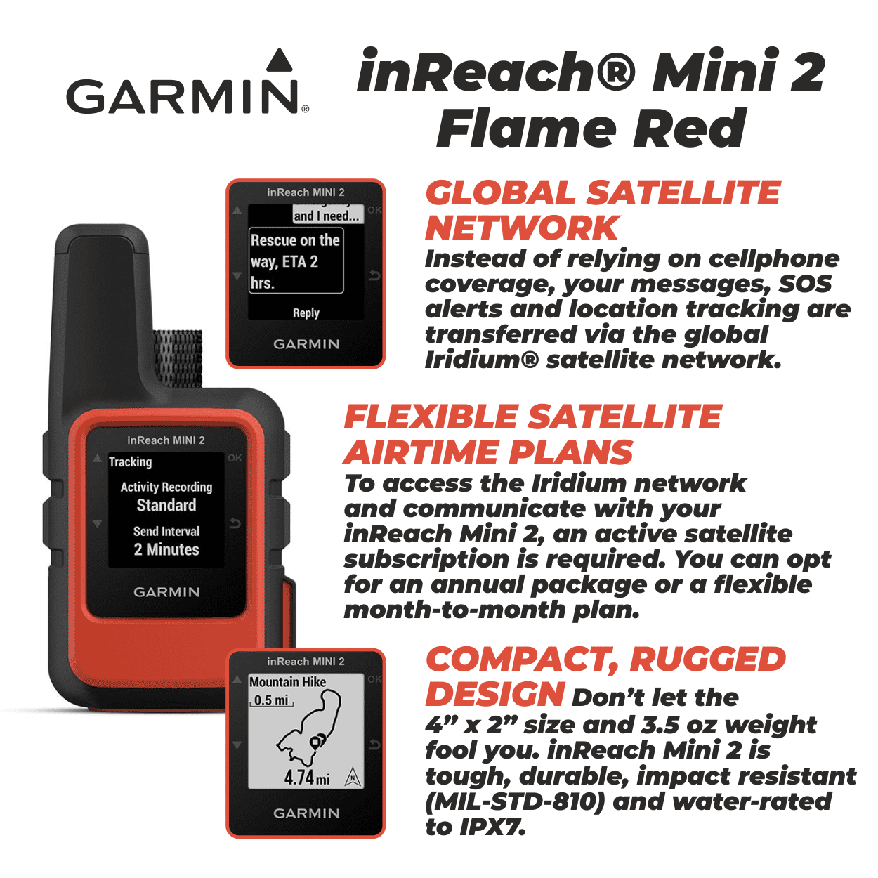 Versatile Garmin inReach Mini 2 Satellite Communicator (Flame Red), Hand-Held, Unisex Adult with Wearable4U Power Pack Bundle