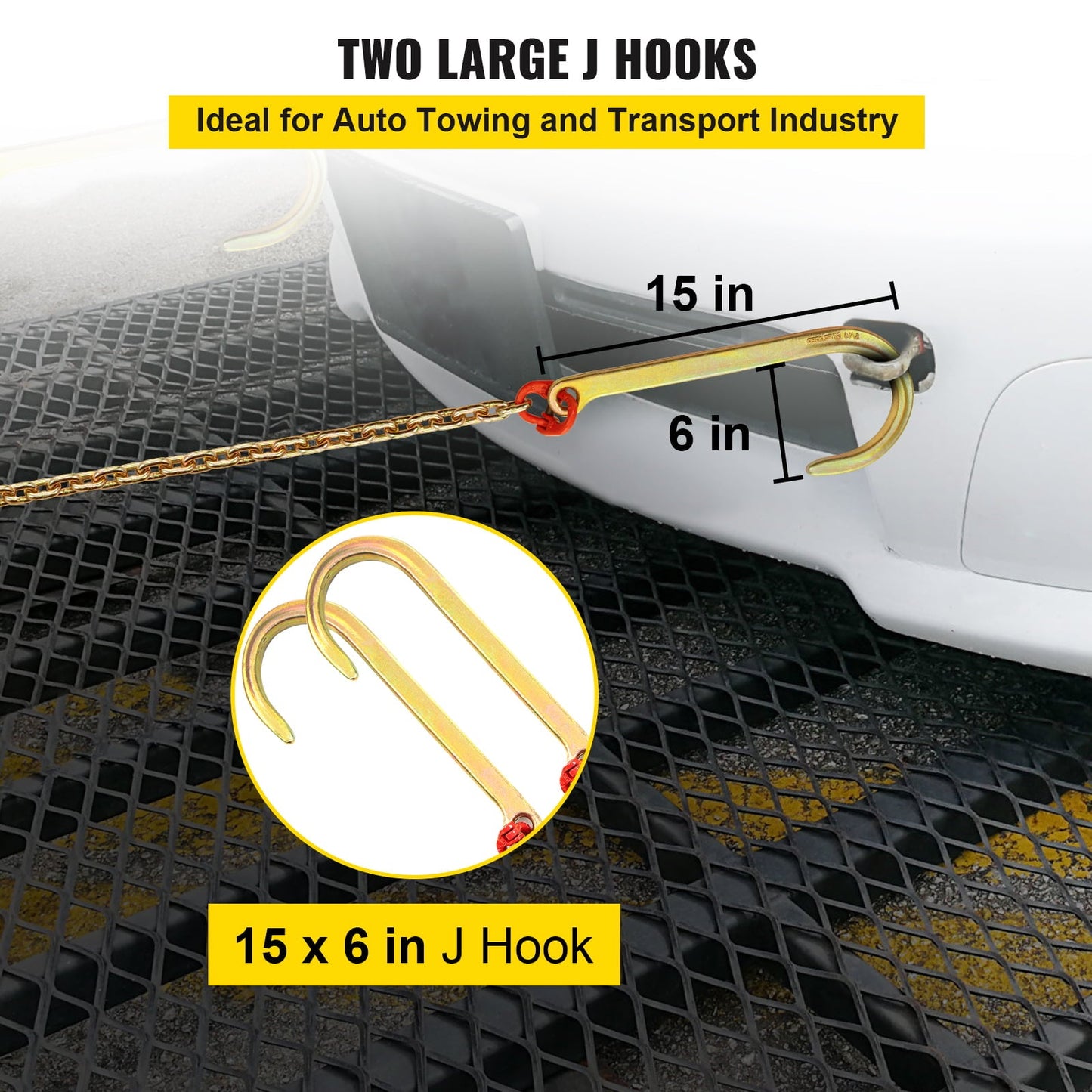 Classic BENTISM 5/16"x10' Long Shank J Hook Tow Chain w/ 15" Large J Hooks & RTJ Hooks X2