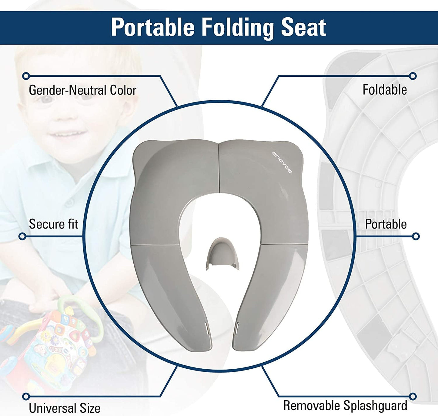 Classic Enovoe Foldable Toddler Potty Seat - Portable Travel Potty Training Toilet Seat for Boys and Girls - Comfortable Non-Slip Attachment in Grey - Ideal Toddler Toilet Seat for Travel