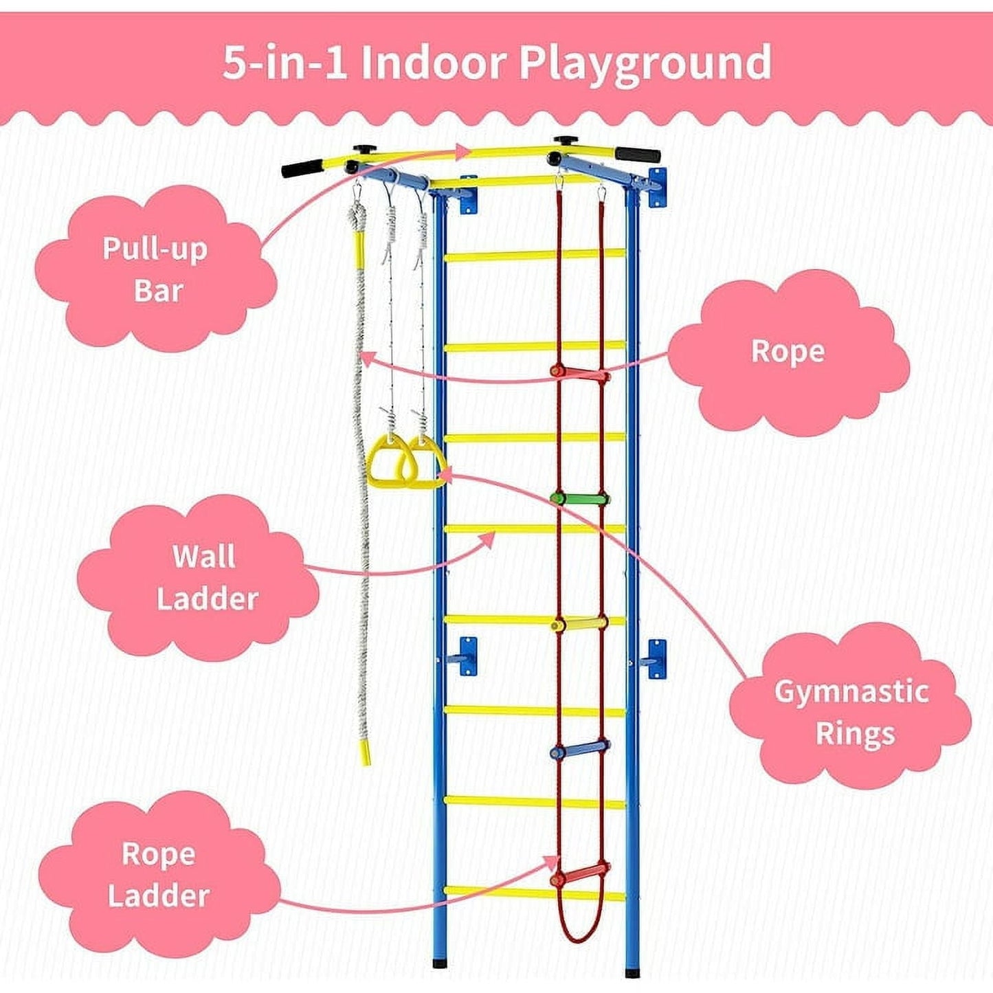 Classic Cuoote 5 in-1 Metal Wall Ladder Stall Bars Set, Indoor Kids Gym for Exercise, Ladder Wall Set with Wall Ladder, Pull-up Bar, Climbing Rope, Gymnastic Rings, Kids Climbing Toys for Boys Girls