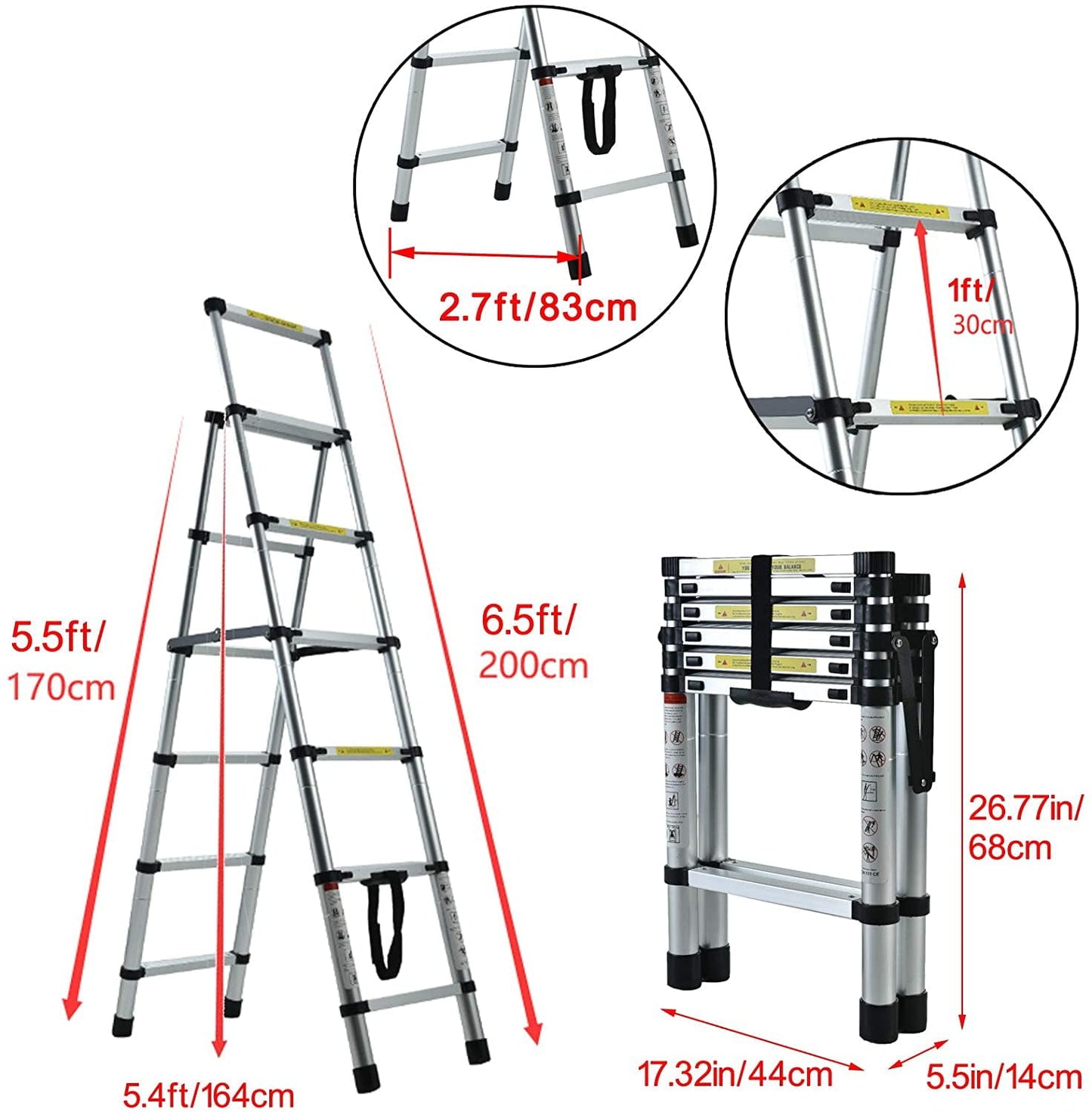 Classic 6+5 Telescopic Step Ladder Aluminium Heavy Duty 150KG/330lb Folding Portable Extendable Anti-Slip Stepladder for Home Garden Office Garage Home Loft DIY