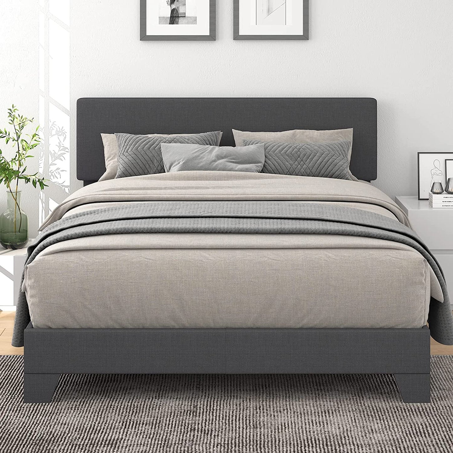 Versatile Allewie Queen Platform Bed Frame with Upholstered Adjustable Fabric Headboard, Dark Grey