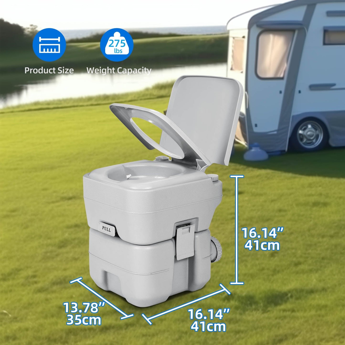 Classic Dextrus 5.3 Gallon Portable Toilet With Detachable Tank, Double Outlet Water Spout, Press Flush Pump, Travel RV Potty for Camping, Boating, Hiking, Trips, White&Gray