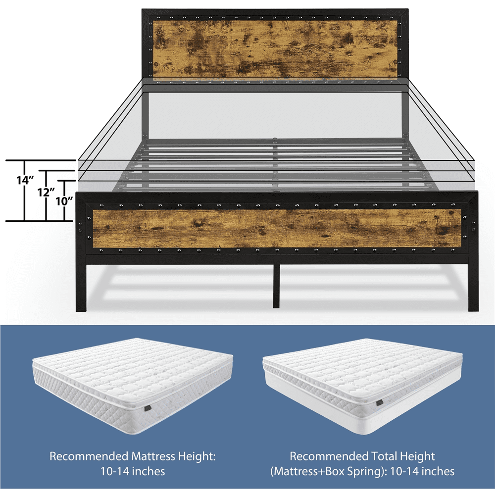 Versatile Topeakmart Industrial Metal Bed Frame with Wooden Headboard and Footboard, Queen Size, Rustic Brown