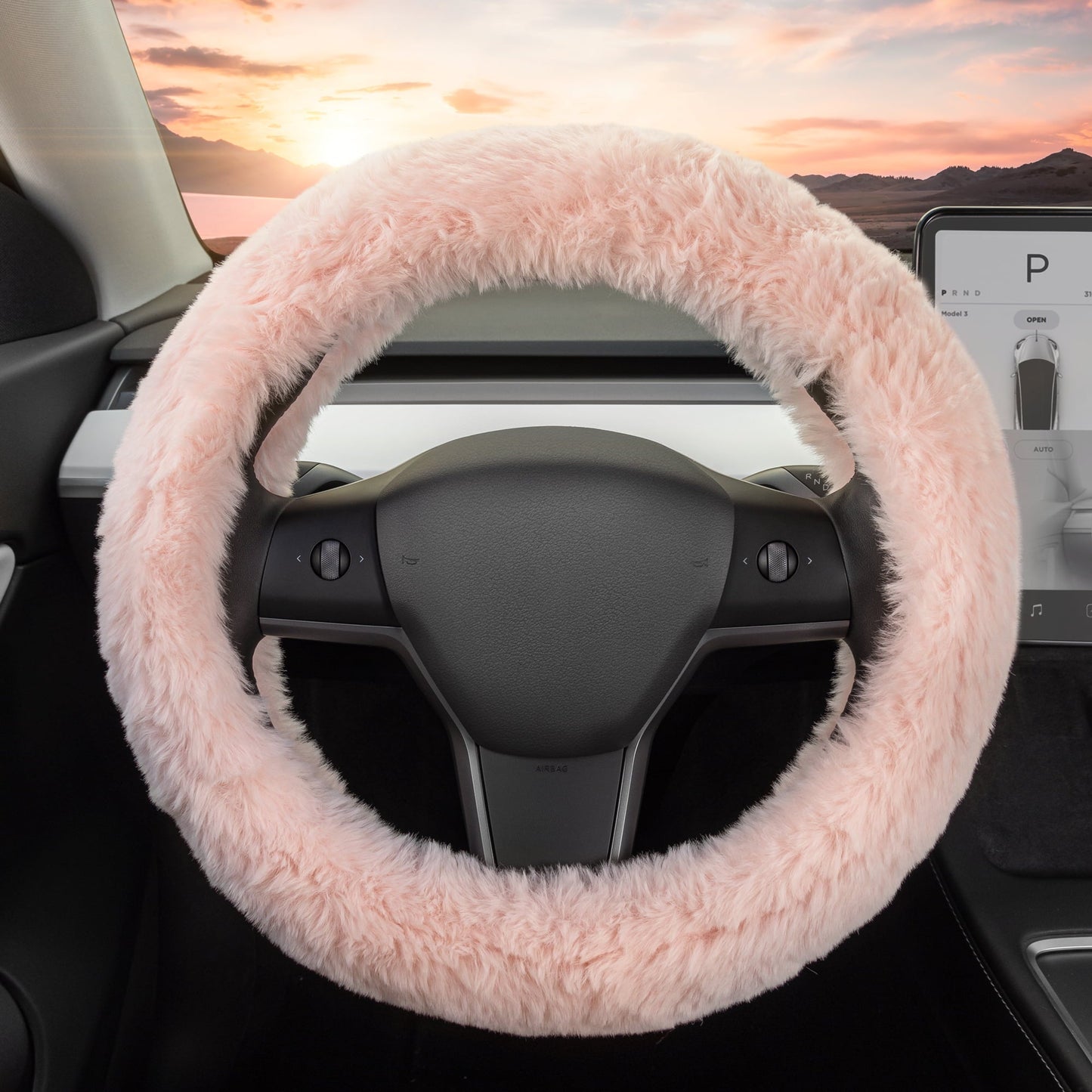 Classic Carbella Soft Pink Faux Fur Steering Wheel Cover for Women, Standard 15 Inch Size Fits Cars Trucks SUV