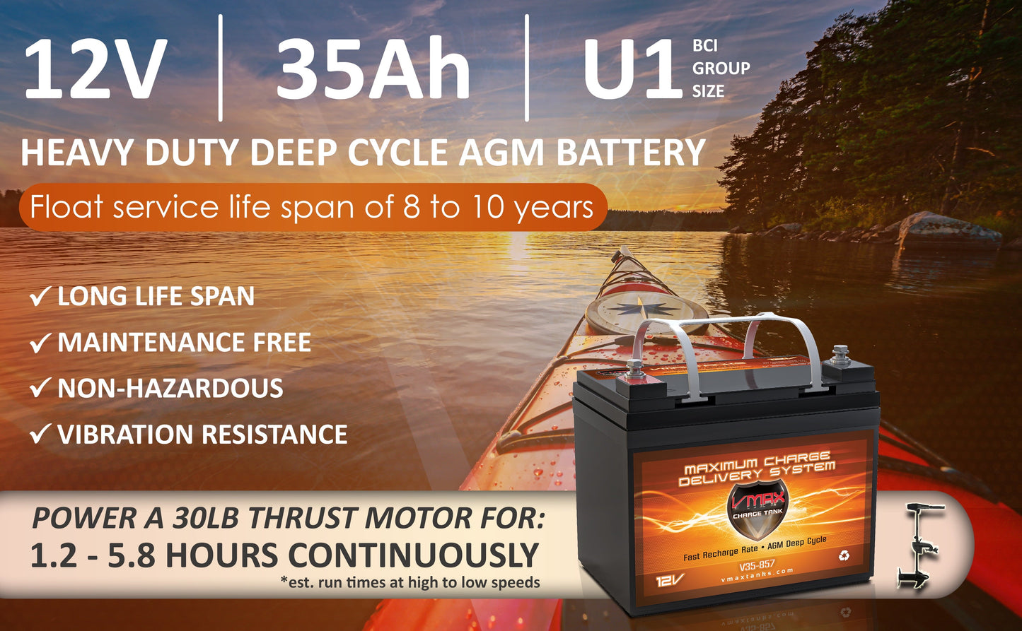 Versatile Battery Upgrade for Minn Kota Powerdrive 45 Vmax V35-857 12V 35AH AGM U1