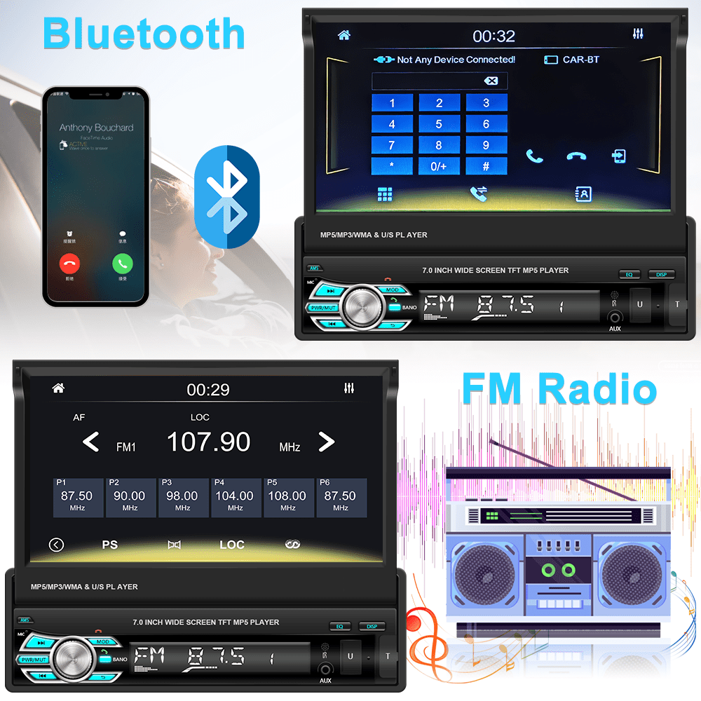 Classic Podofo Universal Single 1 DIN 7" HD Touchscreen Retractable Car Stereo Radio Bluetooth Auto Apple Carplay Android Auto FM Mirror Link Function, with 12 LED Backup Camera