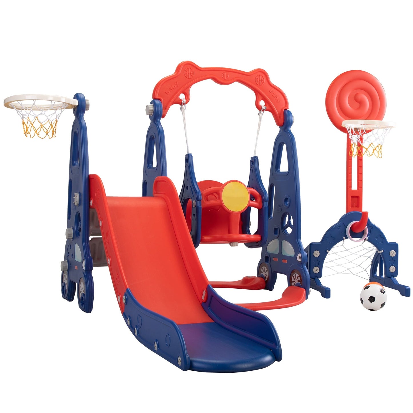 Versatile Kids-gift! 5 in 1 Slide and Swing Playing Set, Toddler Extra-Long Slide with 2 Basketball Hoops, Football, Ringtoss, Indoor Outdoor