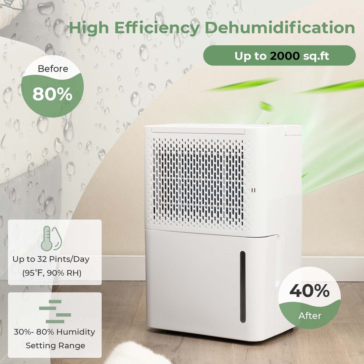 Classic Costway 32 Pint Dehumidifier 2000 Sq. Ft Portable with 3 Modes & 24H Timer Home Basement