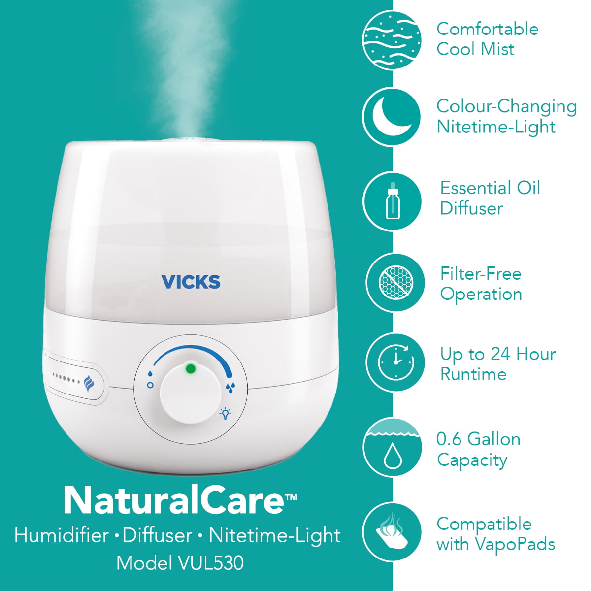 Versatile Vicks 0.6 Gallon Natural Care Cool Mist Ultrasonic Humidifier, 200 sq ft, White, VUL530