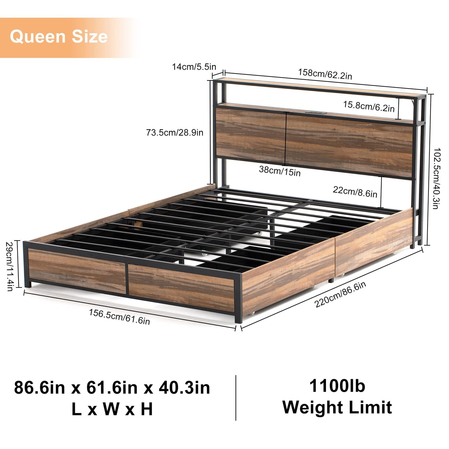 Classic Queen Size Bed Frame with LED Lights Headboard & Storage Drawers - Metal Platform Bed with Power Outlet and USB Ports(Brown-Queen)