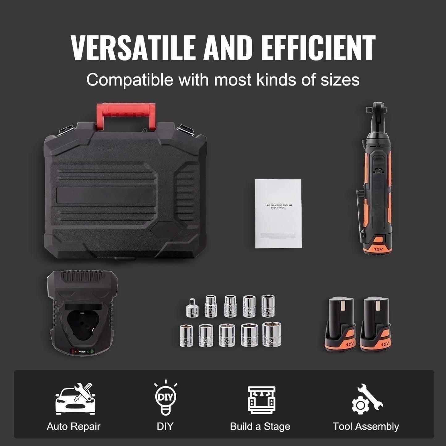 Versatile BENTISM Cordless Electric Ratchet Wrench Cordless Ratchet 3/8" 12V 2 Batteries