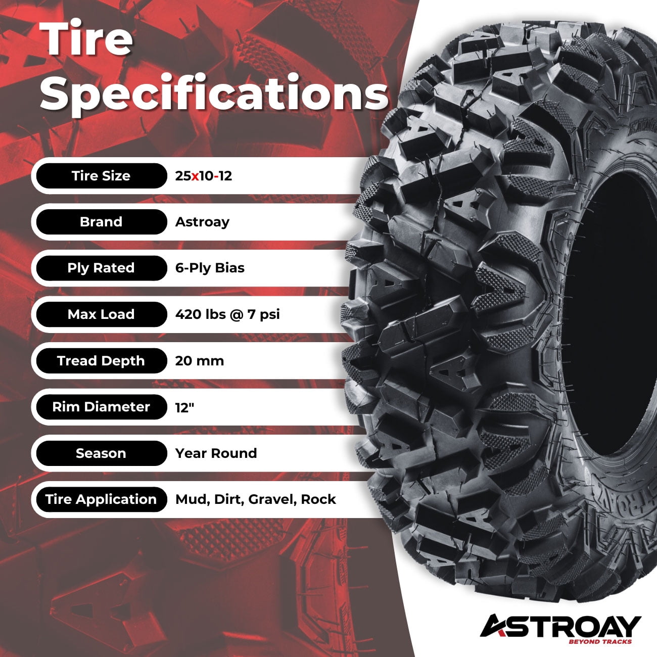 Classic 25 x 10 - 12 Astroay Knight Utility ATV/UTV Tire