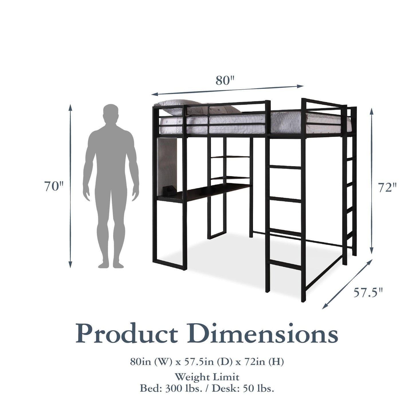 Versatile Teen Novogratz Hunter Full Size Metal Loft Bed, Black