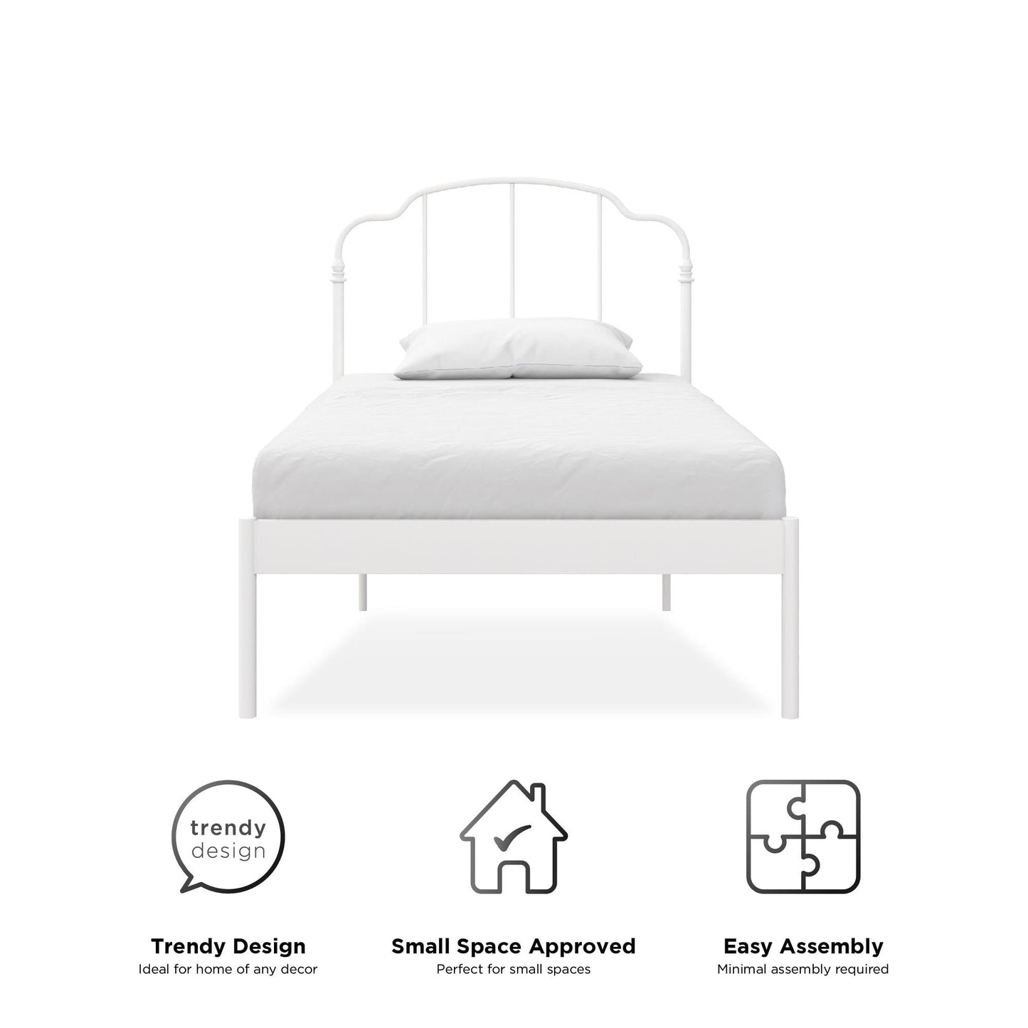 Classic RealRooms Camie Metal Bed, Adjustable Base Height, Twin, White