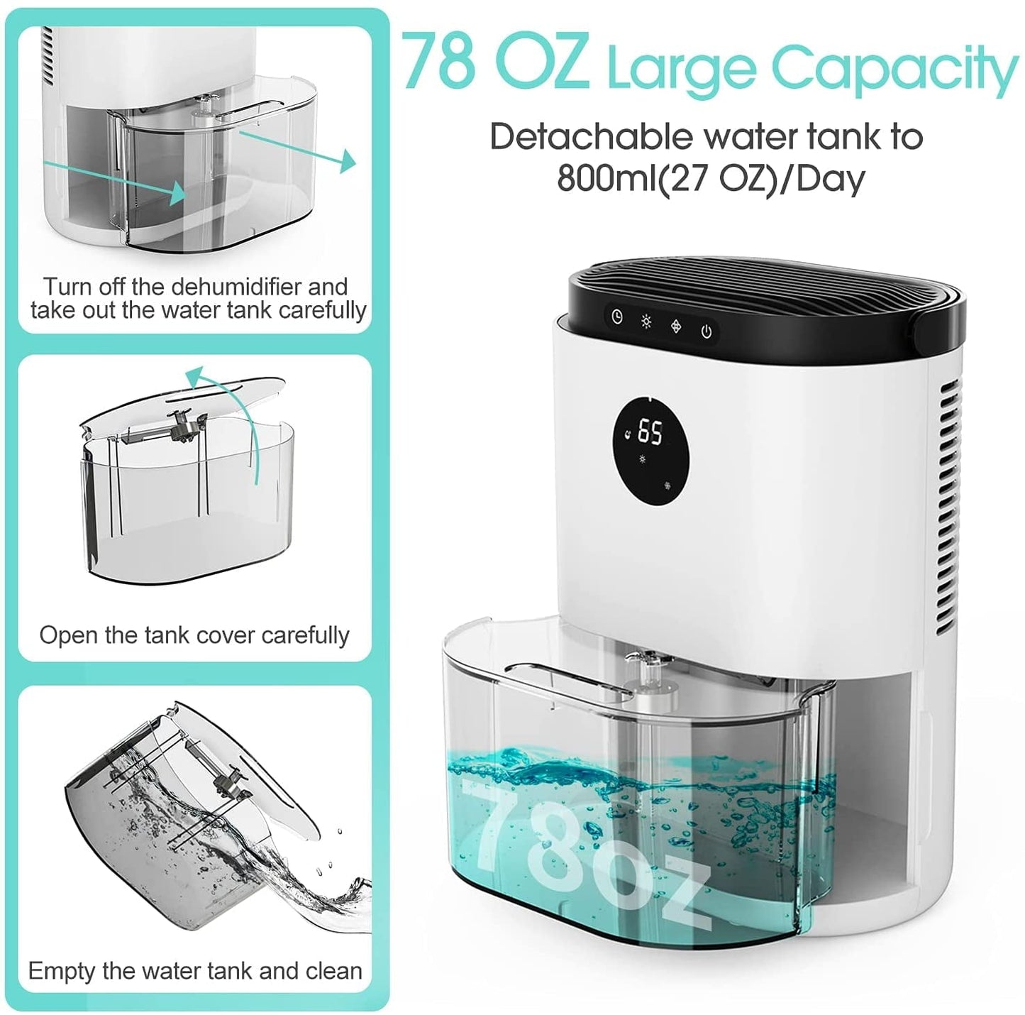 Classic KLOUDIC 78oz 2300ml Dehumidifier for Home 4500 Cubic Feet 480 Sq ft Portable Ultra Quiet Dehumidifiers