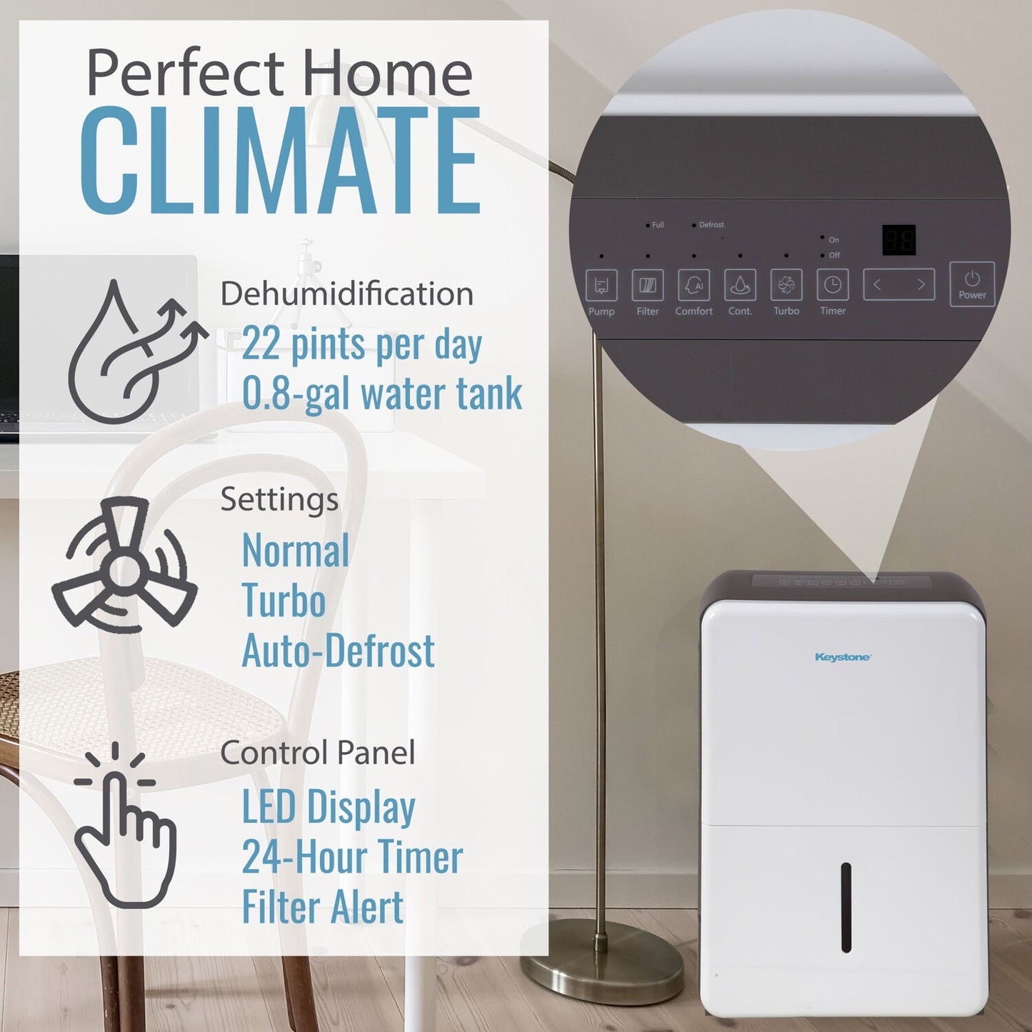 Classic Keystone 22 pt 1,500 sq ft Dehumidifier in White - Energy Efficient, Bucket Full Indicator