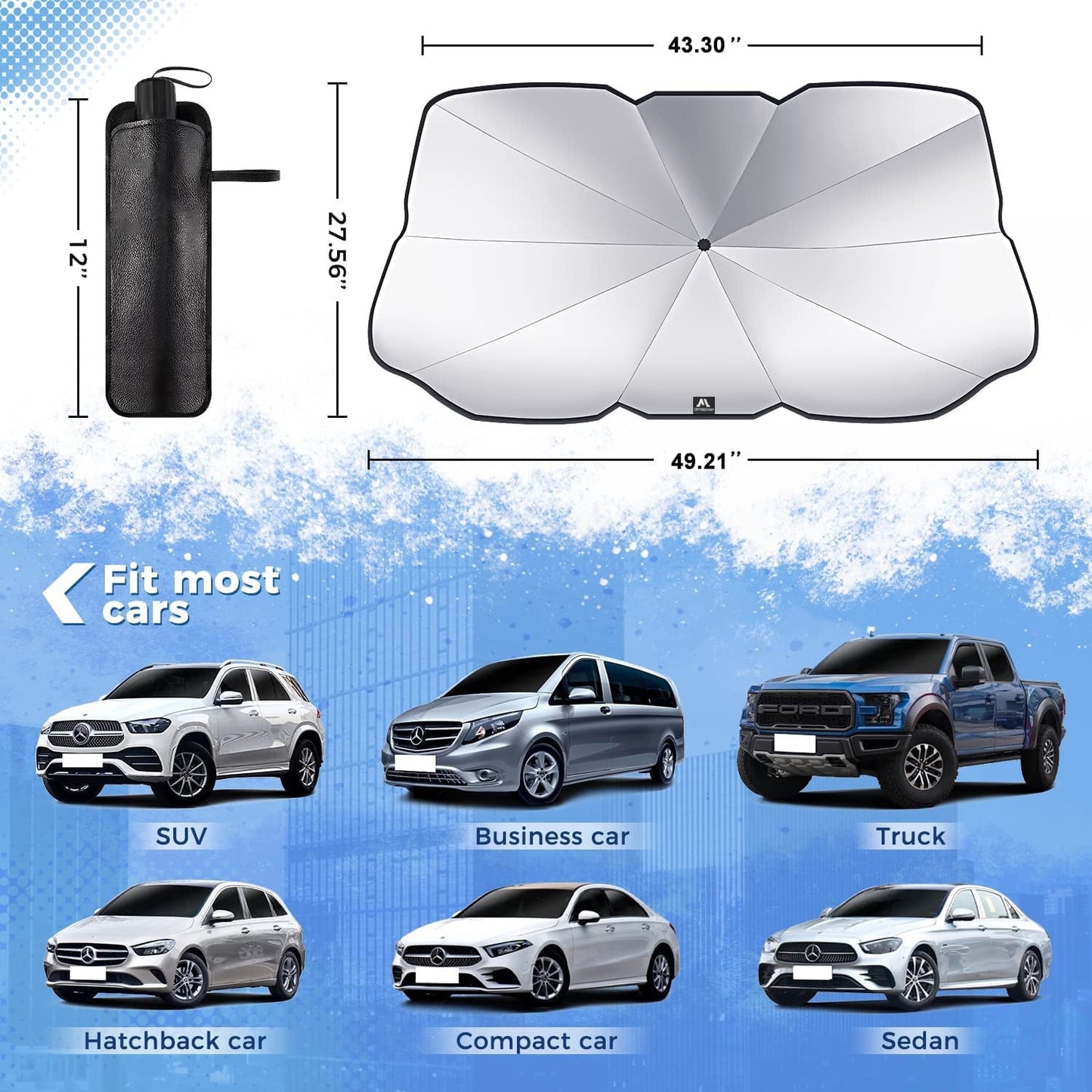 Versatile Windshield Sun Shade Umbrella, Car Windshield Sun Shade Foldable Cover Visor UV Ray Reflector, Car Sun Shade Windshield for Auto Trucks SUV Keeps Vehicle Cool Heat Insulation Protection