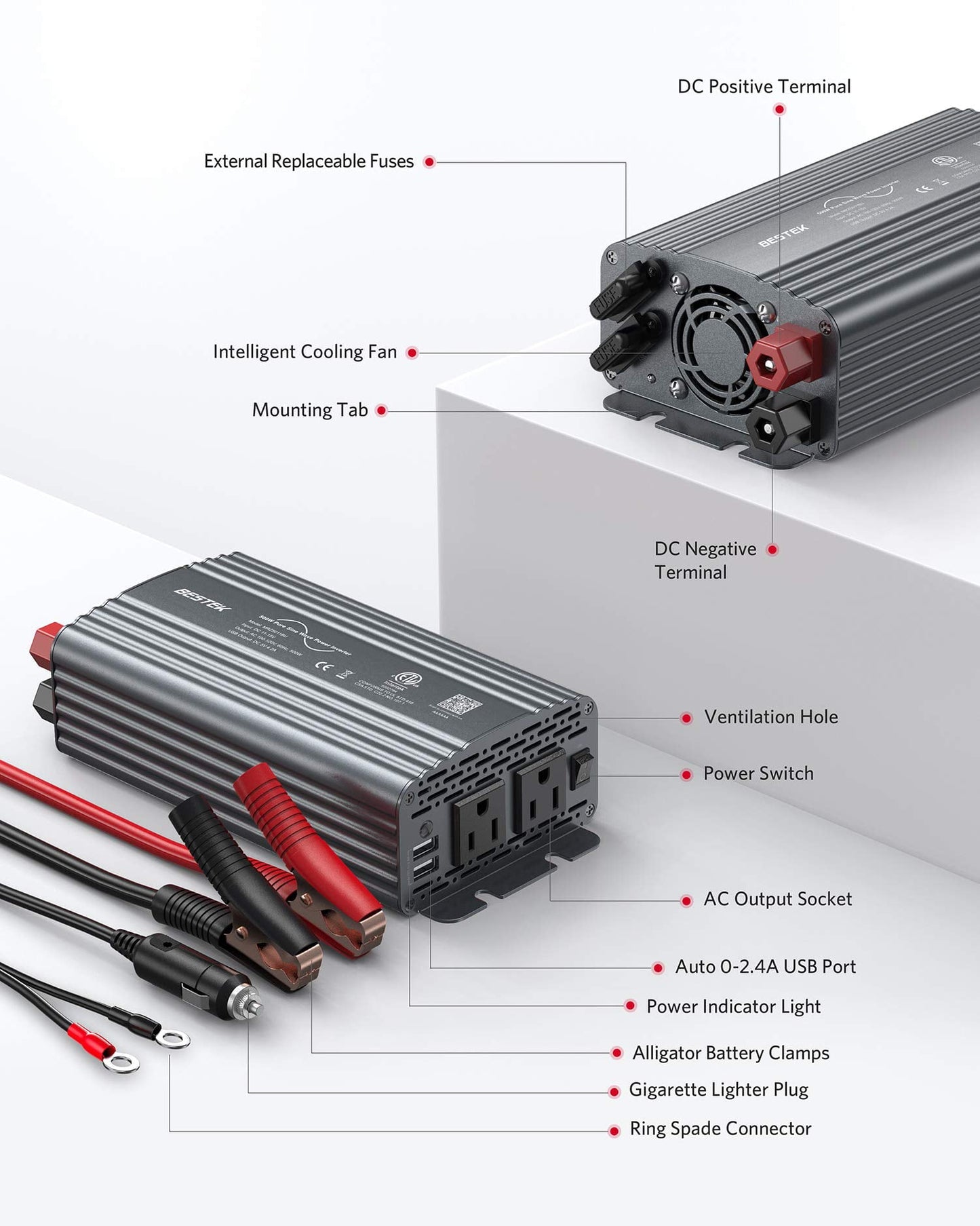 Versatile BESTEK 500W Pure Sine Wave Power Inverter DC 12V to 110V AC Car Plug Inverter Adapter Power Converter with 4.2A Dual USB Charging Ports and 2 AC Outlets Car Charger, ETL Listed, Grey