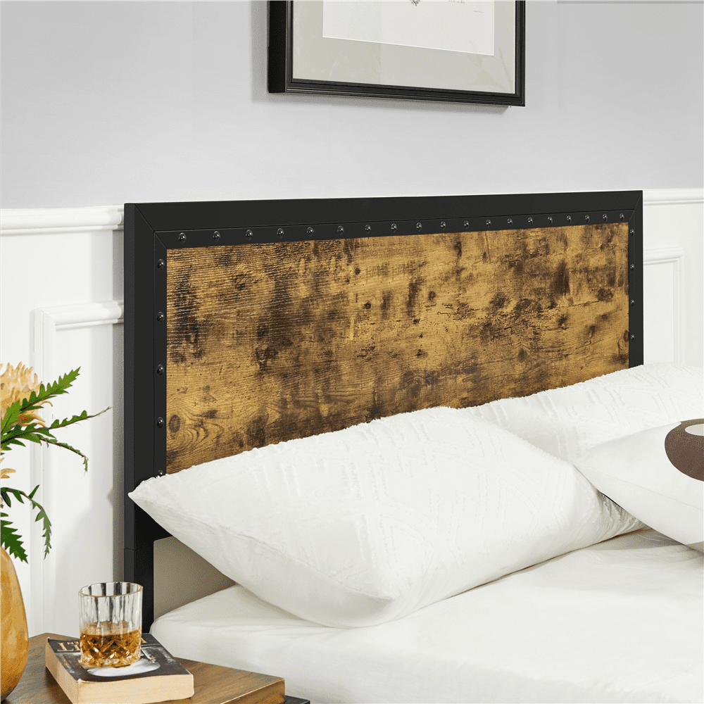 Versatile Topeakmart Industrial Metal Bed Frame with Wooden Headboard and Footboard, Queen Size, Rustic Brown