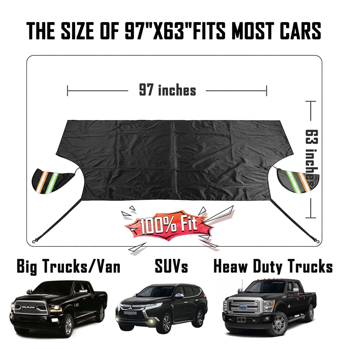 Classic Chanvi Windshield Snow Ice Cover Extra Larger Size 97"x 63" Cover with 3 Layers Material Waterproof Sun Protection All Cars, Trucks, SUVs, Mpvs (Black, 97"x 63")