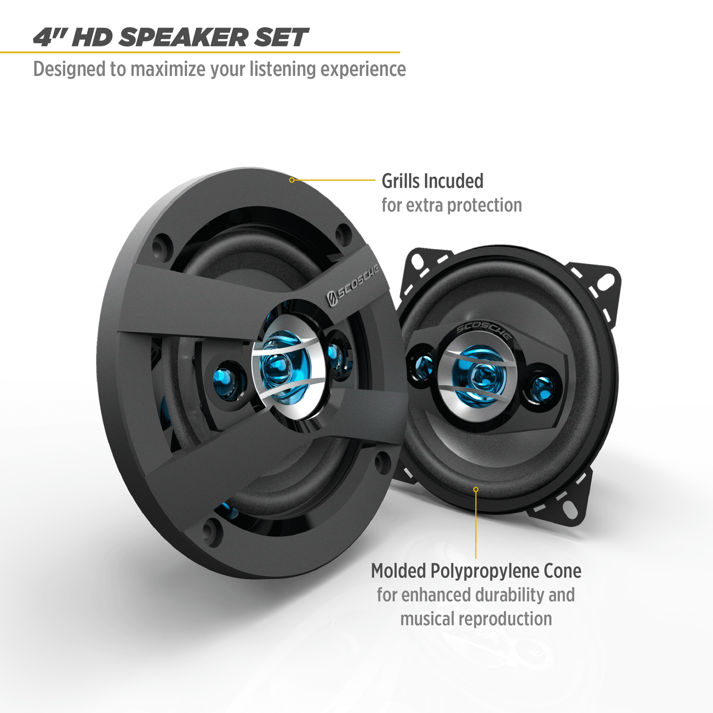 Classic Scosche Hd4004sd Hd 4 in. 4-Way Coaxial 120 Watts Max Car Stereo Speakers, Pair New