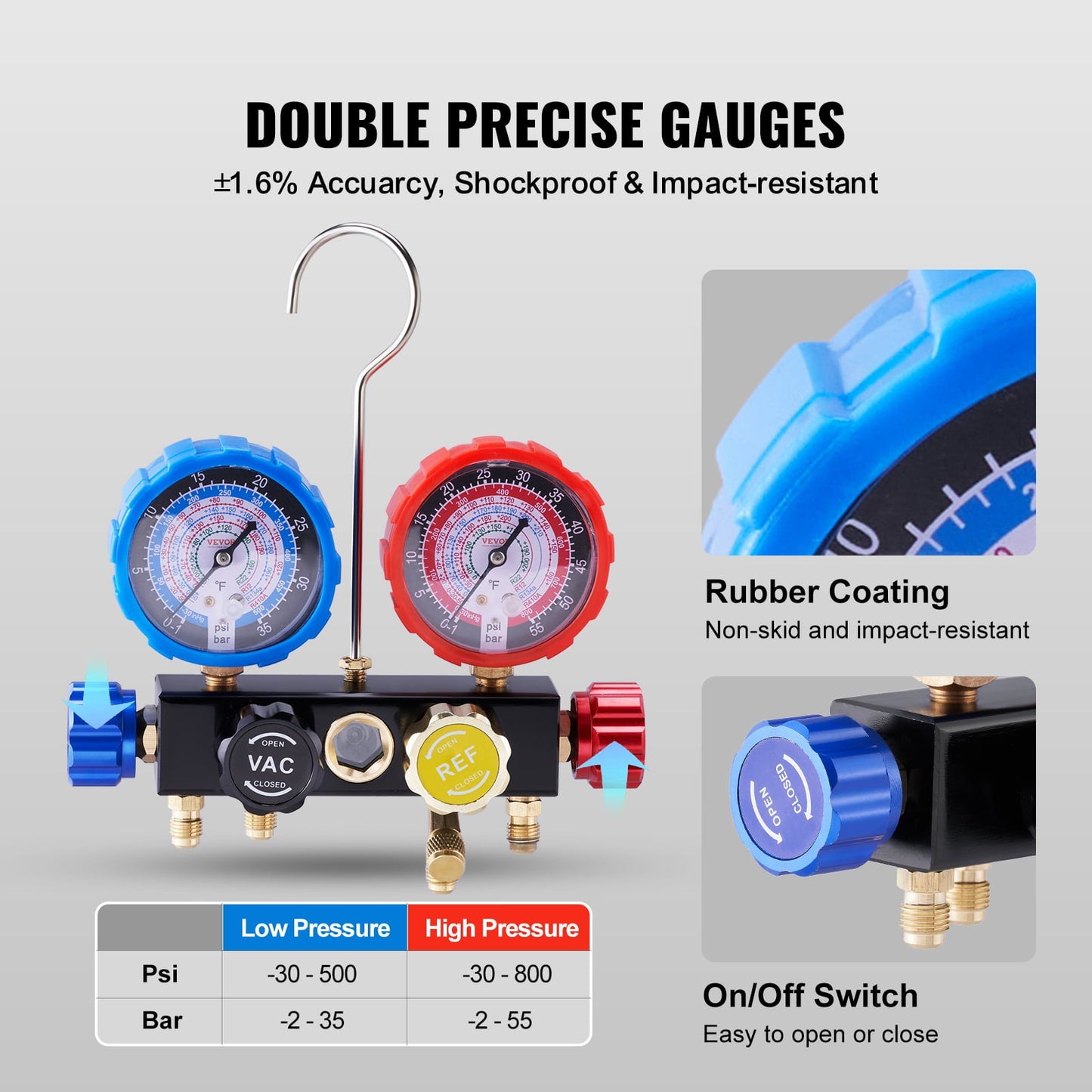 Versatile BENTISM 4-Way AC Manifold Gauge Set Fit R134A R22 R12 R502 Refrigeration Charging with Portable Case 4PCS Hoses for Air-Conditioning Refrigerator Maintenance