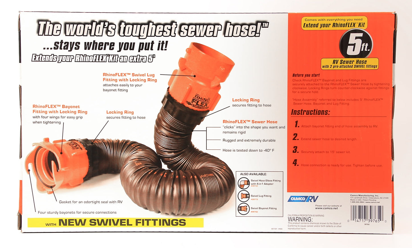 Classic Camco 39765 RhinoFLEX 5' RV Sewer Hose Extension Kit with Swivel Fitting