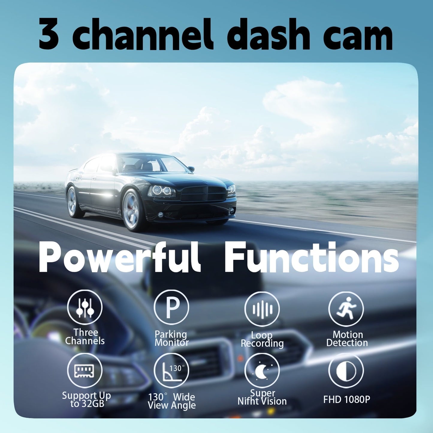 Classic 3 Channel Dash Cam Front and Rear Inside with 2" IPS Screen, 1080P Dashcam Three Way Triple Car Camera with IR Night Vision, Loop Recording, G-Sensor, Parking Monitor, 24 Hours Recording