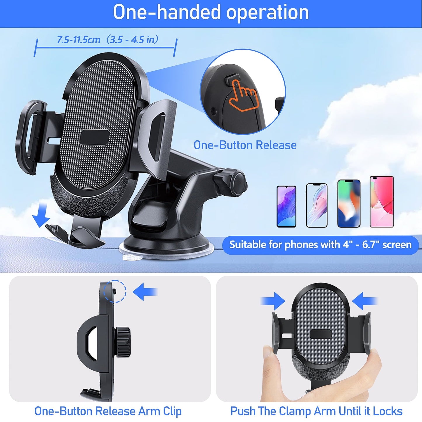 Classic Huryfox Car Phone Holder Universal Mobile Mount for Vehicle, Smartphone Stand on Dashboard, Windshield, Vent, Automobile Cradle Compatible with iPhone, Android Phone