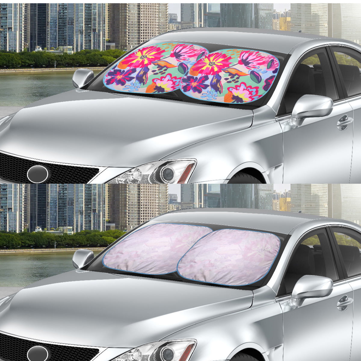 Classic Auto Drive Sedan SUV Hatchback Windshield Floral Design Twist Sun Shade 1 Pair, 28.5"x 31.5"